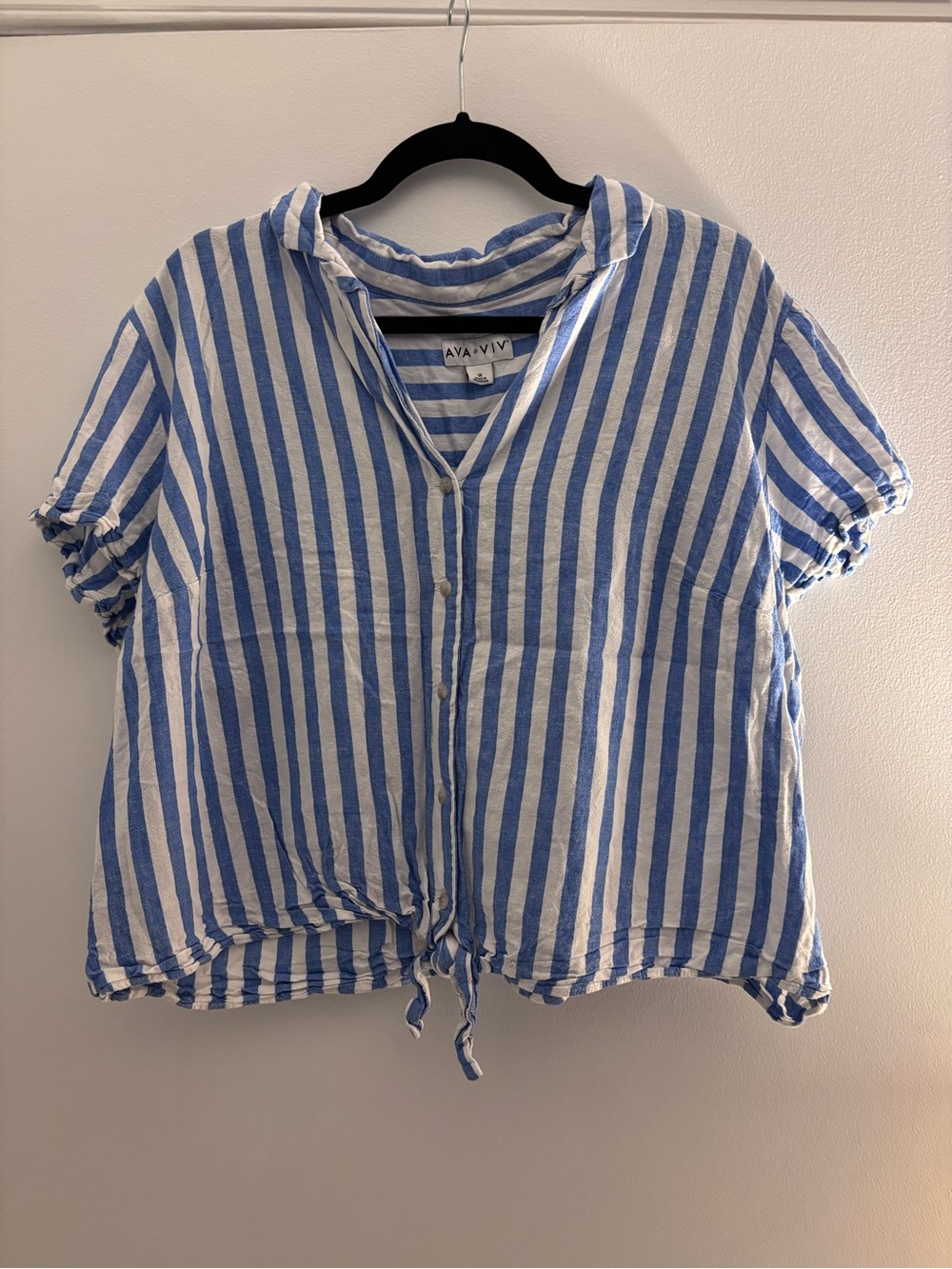 Ava & Viv Blue & White Vertical Stripe Button-Tie Short Sleeve Top